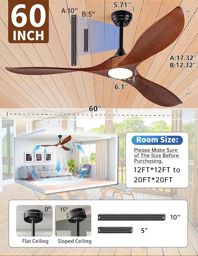 60 Inch Outdoor Ceiling Fans with Lights and Remote,3 Blade Modern Solid Wood Ceiling Fan with Wall Control Switch,Dimmable,Quiet Noiseless DC Motor for Patios,Farmhouse, Living Room,Bedroom