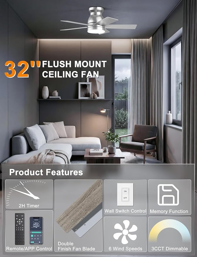 Ohniyou Ceiling Fans with Lights, 32 Inch Low Profile Ceiling Fan with Light and Remote/APP Control, Flush Mount, Dimmable, Quiet DC Motor, Silver Small Indoor Ceiling Fan for Bedroom, Kitchen