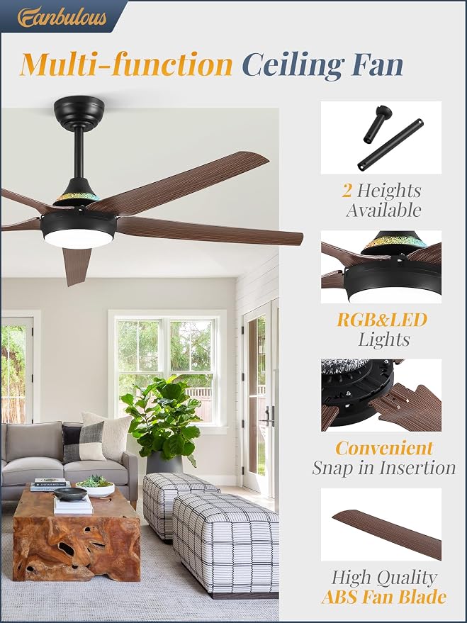 Fanbulous 56'' Smart Ceiling Fans with RGB Lights, Modern Ceiling Fan with Alexa/App/Remote Control, Dimmable LED Light, Reversible DC Motor, for Living Room, Bedroom, Game Room, Walnut
