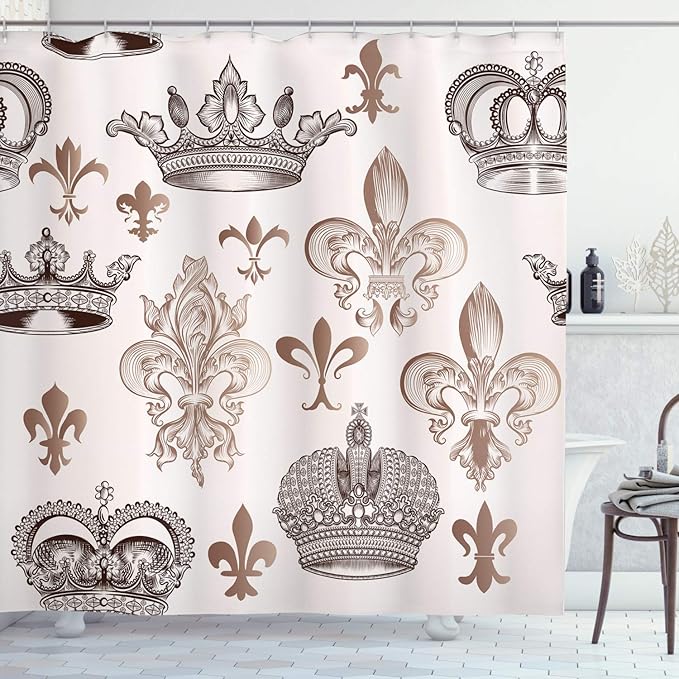 Ambesonne Fleur De Lis Shower Curtain, Crowns and Fleur-de-Lis Shapes in Engraved Style Fame Symbolic Artwork Print, Cloth Fabric Bathroom Decor Set with Hooks, 69" W x 70" L, Beige Tan