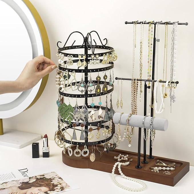 Jewelry Organizer Stand, Metal Rotating Earring Holder Organizer, Multi-Functional Adjustable Necklace Rack Holder Bracelet Watch Holder for Jewelry Earrings Ring, Black