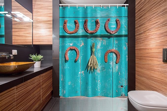 Ambesonne Western Stall Shower Curtain, 5 Antique Rusty Luck Horseshoe and Wheat Ears Bunch Picture, Fabric Bathroom Decor Set with Hooks, 54" W x 78" L, Turquoise and Brown