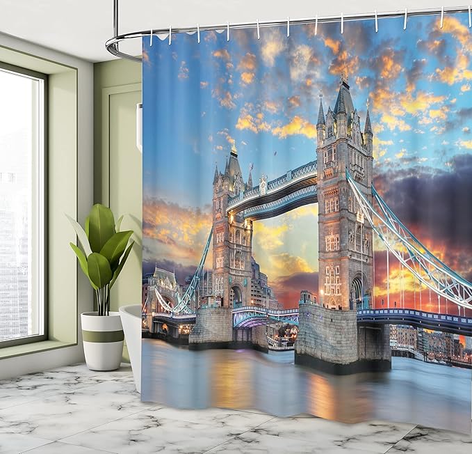 Ambesonne London Shower Curtain, Vista of Tower Bridge at Dramatic Sunset Thames River with Grey Clouds, Cloth Fabric Bathroom Decor Set with Hooks, 69" W x 75" L, Yellow Blue