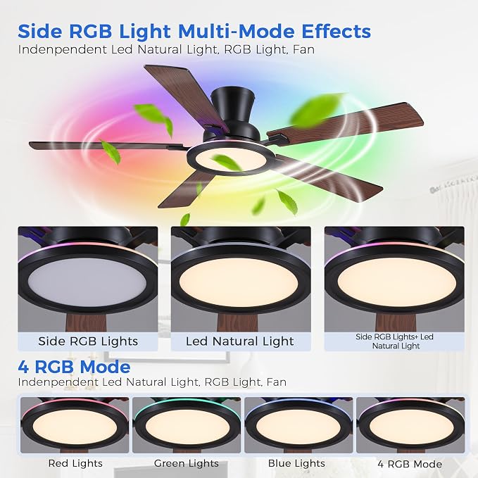 Ayaoty Ceiling Fans with Lights - 52in Flush Mount Ceiling Fan with RGB Dimmable, 3CCT 6 Wind Speeds and Reversible Quiet Motor, Low Profile RGB Fan Light for Modern Indoor, Party - Brown