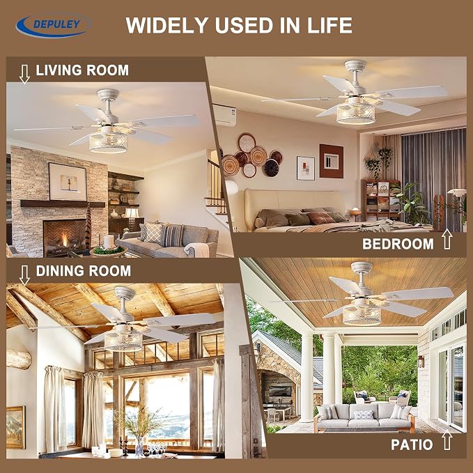 Depuley 52in Ceiling Fans with Lights: 2 Pack White Gold Caged Ceiling Fan with Remote - Farmhouse Ceiling Fan with Dual Finish 5 Blades for Living Room 6 Speeds Timer Reversible E26 Bulbs Included