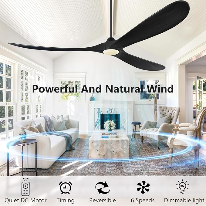 ABZ 72 Inch Ceiling Fans with Lights, Solid Wood Propeller Large Outdoor Ceiling Fan with Light and Remote Control, 3 Blades Black Ceiling Fan for Indoor Patios Living Room High cfm, Matte Black
