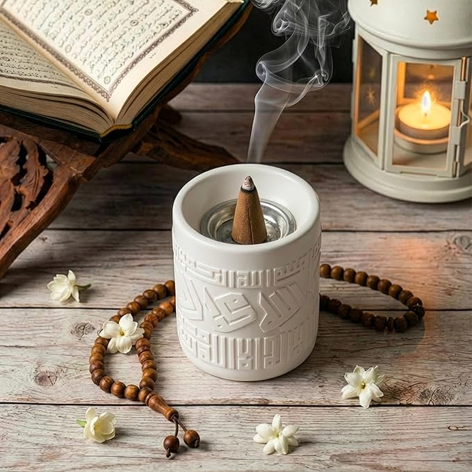 Mabkhara Incense Burner for Cone Incense, Decorative Mabkhara Calligraphy Incense Holder with Ash Catcher, Islamic Tabletop Home Decor