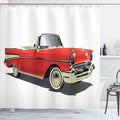 Ambesonne Cars Shower Curtain, Old-Fashioned Car with Open Roof Top Past Times Transportation Theme, Cloth Fabric Bathroom Decor Set with Hooks, 69" W x 70" L, Red Grey