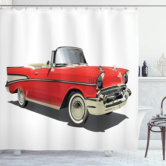 Ambesonne Cars Shower Curtain, Old-Fashioned Car with Open Roof Top Past Times Transportation Theme, Cloth Fabric Bathroom Decor Set with Hooks, 69" W x 70" L, Red Grey