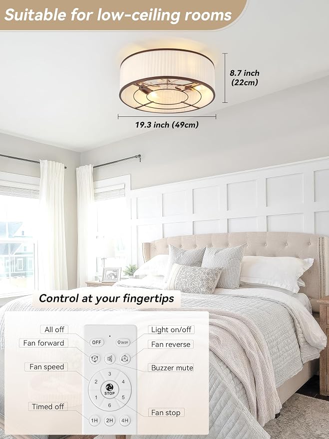 Boho Ceiling Fan with Light Flush Mount, 20" Brown Caged Ceiling Fan with Lights Remote Control, Bladeless Ceiling Fans 6 Speeds for Bedroom, Living Room, Nursery