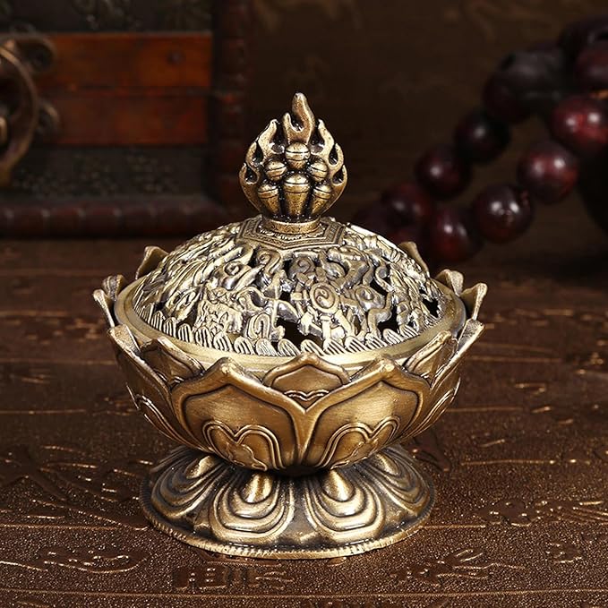 Vintage Backflow Smoke Incense Incense Holder Metal Incense Cone Holder Lotus Bowl Zinc Alloy for Home Office Ornament (Bronze)