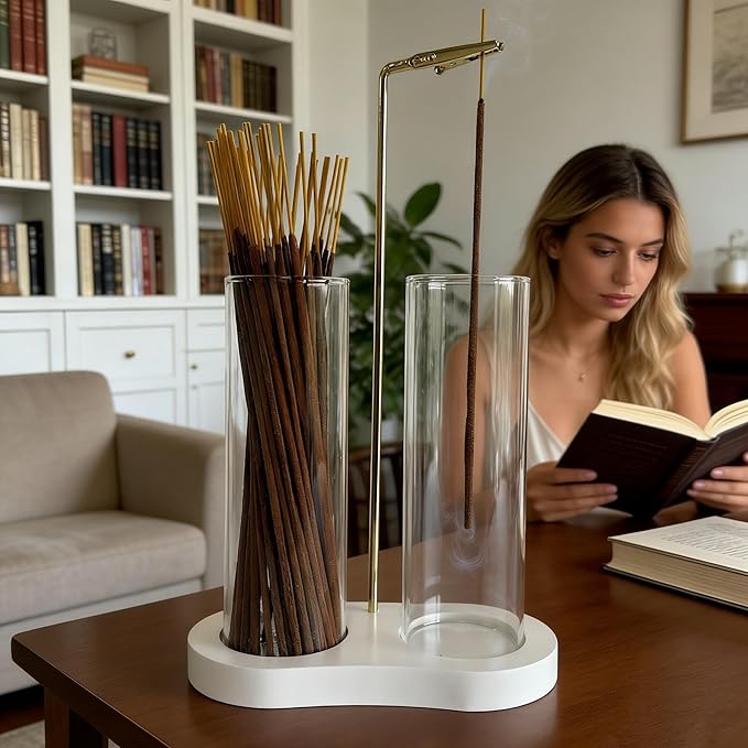 White Incense Holder,Glass Incense Sticks Burner Holder with Storage,Hang Upside Down Incense Holder for Sticks with Glass Ash Catcher for Meditation Yoga Spa Room Decor (White)
