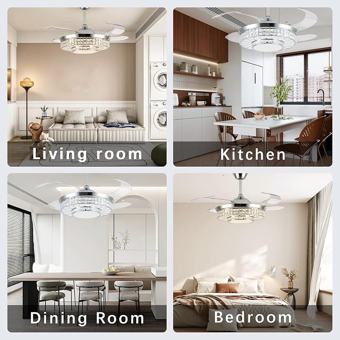 42" Retractable Ceiling Fans with Lights, Crystal Chandelier Ceiling Fan with Remote & APP Control, Modern Dimmable LED Fandelier for Living Room, Dinning Room, Bedroom (Silver)