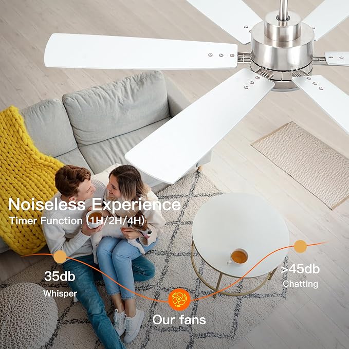 OURSTAR Ceiling Fans with Lights and Remote Control, Brushed Nickel Ceiling Fan with Light 3-Color Dimmable, Memory for Lighting and Fan Reversible, 6-Speed, Timer, Indoor/Outdoor Use, 52 Inch