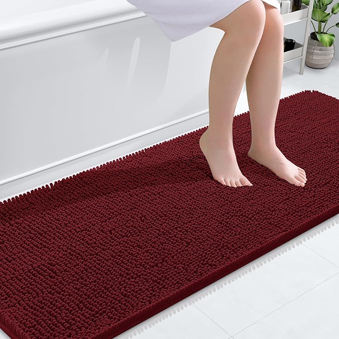 OLANLY Bathroom Runner Rugs 70x24, Soft Absorbent Chenille Bath Rugs, Rubber Backing Quick Dry, Machine Washable Long Bath Mats for Bathroom Floor, Tub and Shower, Home Decor Accessories, Burgundy