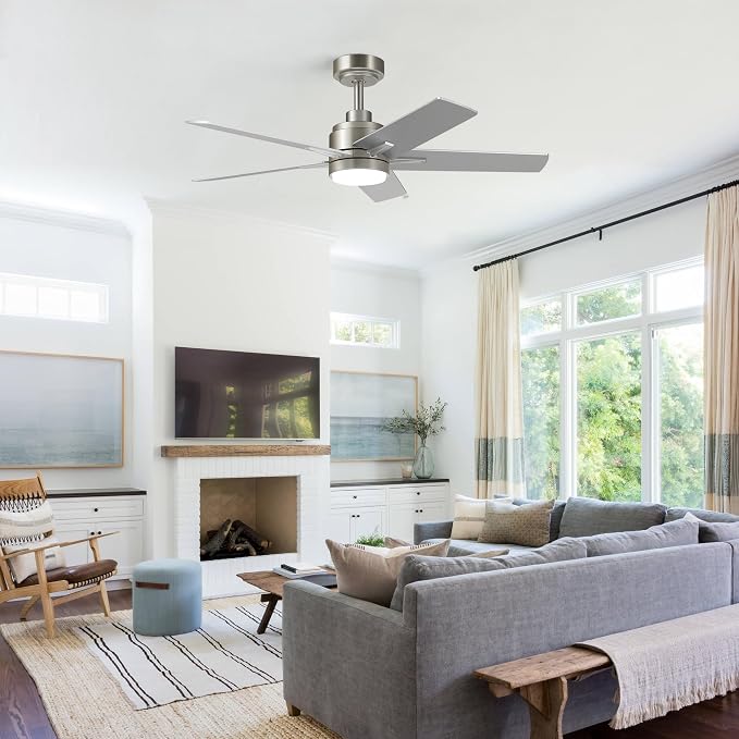 52 Inch Brushed Nickel Ceiling Fan with Light and Remote Control,Dimmable 3 Color Temperatures LED Ceiling Fan,6 Speeds Reversible DC Motor,5 Blades Modern Ceiling Fans for Indoor or Covered Outdoor