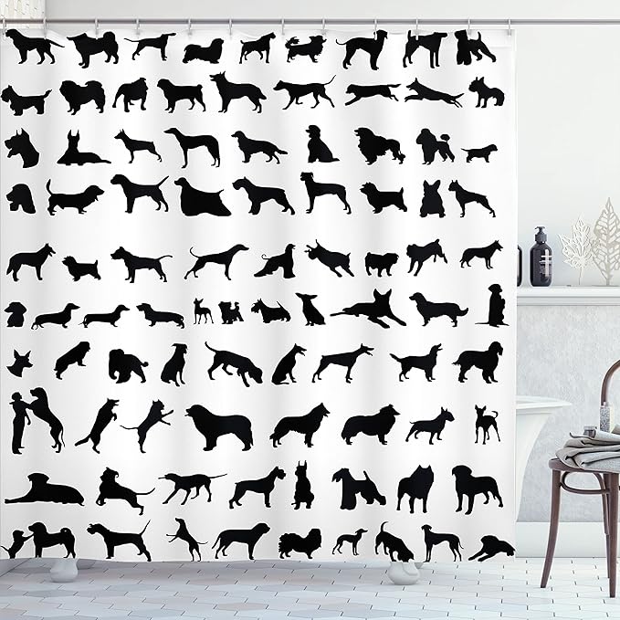 Ambesonne Dog Lover Shower Curtain, Silhouettes of Different Breeds of Dogs Chow Chow Shepherd Pinscher Spaniel, Cloth Fabric Bathroom Decor Set with Hooks, 69" W X 75" L, White Charcoal