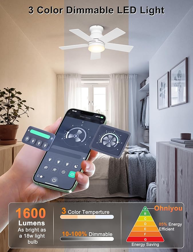 Ohniyou Ceiling Fans with Lights, 32 Inch Low Profile Ceiling Fan with Light and Remote/APP Control, Flush Mount, Dimmable, Quiet DC Motor, White Small Indoor Ceiling Fan for Bedroom, Kitchen