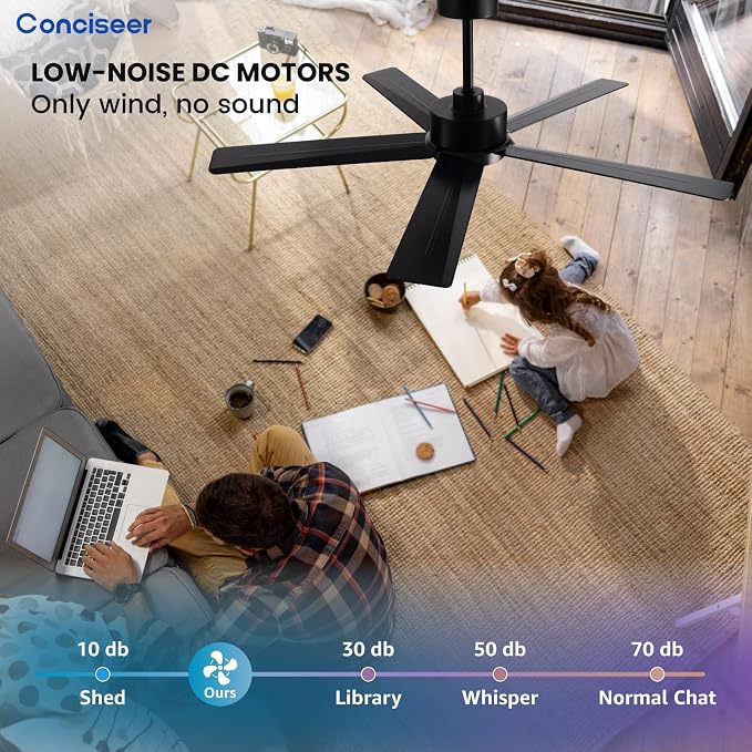 Conciseer Modern Ceiling Fans with Lights,52 Inch Ceiling Fans with Remote for Bedroom Living Room Kitchen, 18W 6CCT Dimmable，5 Blades 6 Speed Reversible Quiet DC Motor Black