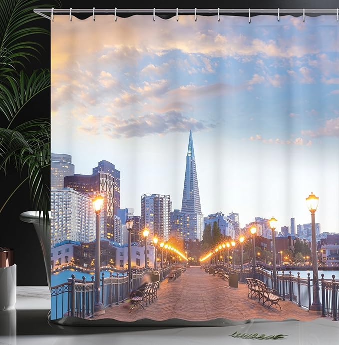 Ambesonne USA Shower Curtain, San Francisco Pier 7 Sunset in California of USA Bridge Landmark in The Evening Picture Print Art, Cloth Fabric Bathroom Decor Set with Hooks, 69" W x 84" L, Blue Gray