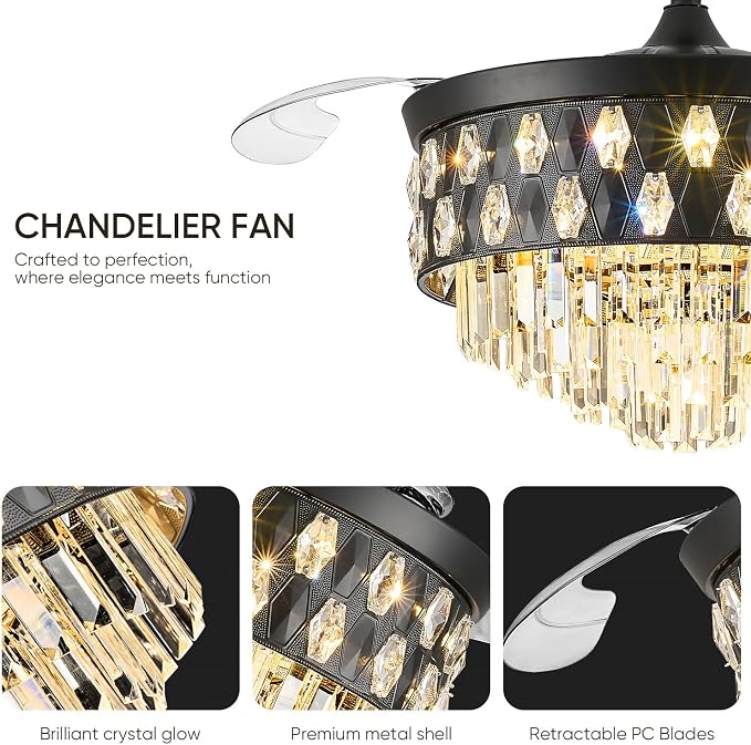 42'' Fandelier Ceiling Fan with Light, Chandelier Ceiling Fans with Lights, Crystal Ceiling Fans for Bedroom Living Room, LED Dimmable, 6 Wind Speed,3 Color Temperatures-9052 Black