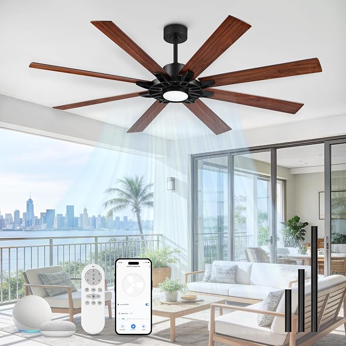 72 Inch Ceiling Fan with Light,Smart Ceiling Fan with Alexa Control,Large Black Indoor Outdoor Ceiling Fan,Modern Quiet Fan with Dual Finish 8 Blades for Living Room,Patio, ZCCF05BK-72