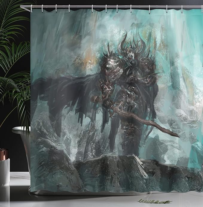 Ambesonne Fantasy World Shower Curtain, Knight of The Dead Dark Immortal Grunge Watercolor Design, Cloth Fabric Bathroom Decor Set with Hooks, 69" W x 70" L, Turquoise Black Brown