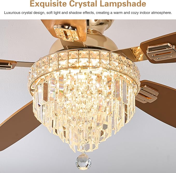 Crystal Ceiling Fan Fandelier with Lights-Ceiling Fans with Lights,54" Low Profile and Remote Control, Flush Mount, Reversible, Dimmable, Noiseless,Gold Ceiling Fan for Bedroom