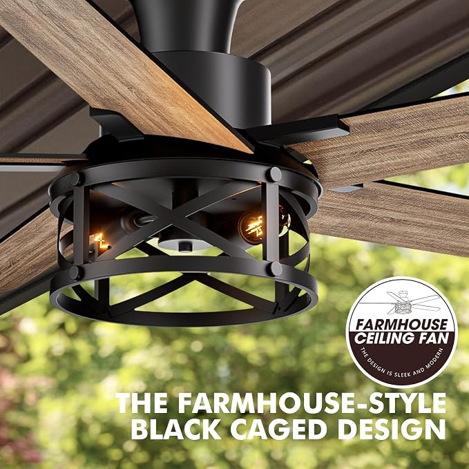 52 Inch Flush Mount Ceiling Fans with Lights and Remote Control, Low Profile Farmhouse Ceiling Fan for Bedroom Living Room and Patio, Black Caged Ceiling Fan for Indoor and Outdoor（NO BULBS）