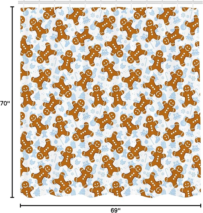 Ambesonne Gingerbread Man Shower Curtain, Traditional Christmas Cookie Pattern Tile, Cloth Fabric Bathroom Decor Set with Hooks, 69" W x 70" L, Light Caramel
