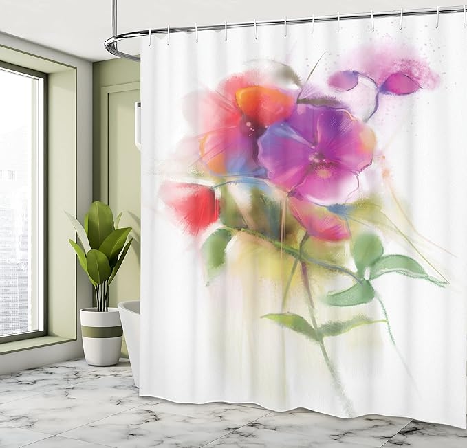 Ambesonne Flower Shower Curtain, Blooming Orchid Spring Bouquet Romance Wedding Themed Natural Beauties Fragrance, Cloth Fabric Bathroom Decor Set with Hooks, 69" W x 75" L, Off White Reseda Green