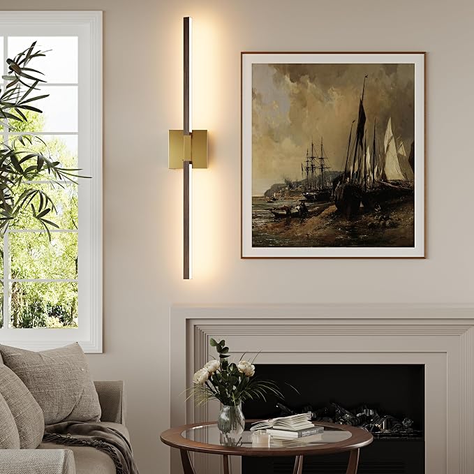 Rayogale Gold & Walnut Battery Operated Wall Sconce with Remote Control | 3000K-6000K Dimmable 8000mAh Wireless Rechargeable Wall Sconces Set of 2 with Timer for Living Room Bedroom Stairwell 32 Inch