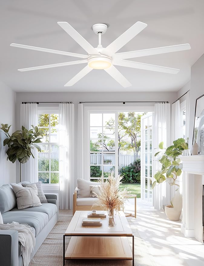 72'' White Large Ceiling Fan with Lights for Indoor/Covered Outdoor | Remote/APP Control, 3CCT Dimmable, Quiet DC Motor, Reversible Airflow, 8 Blades Modern Big Overhead Fan for Patio Living Room
