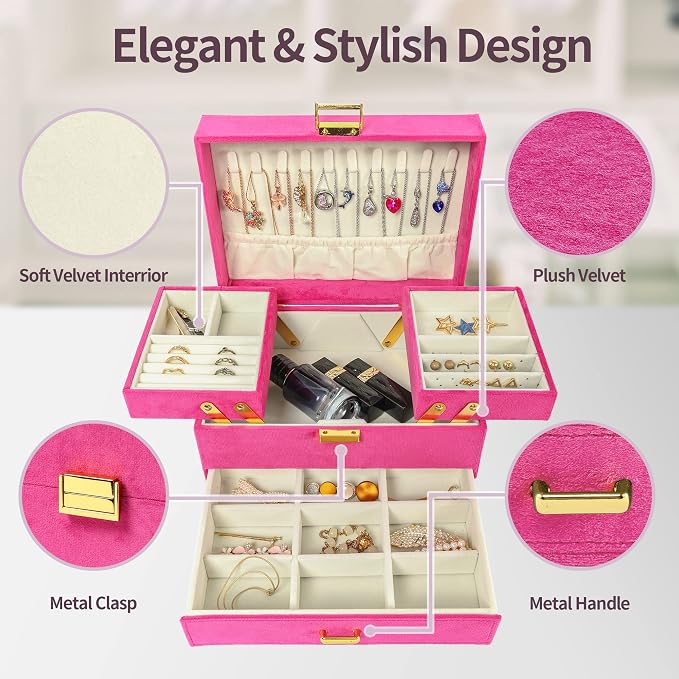 Dajasan Jewelry Organizer Box, Large Jewelry Boxes for Women Girls, Space-Saving 3 Layers Jewelry Storage Case with Drawer, Gift Idea for Christmas, Valentine's Day, Birthday, Mother's Day (Red)