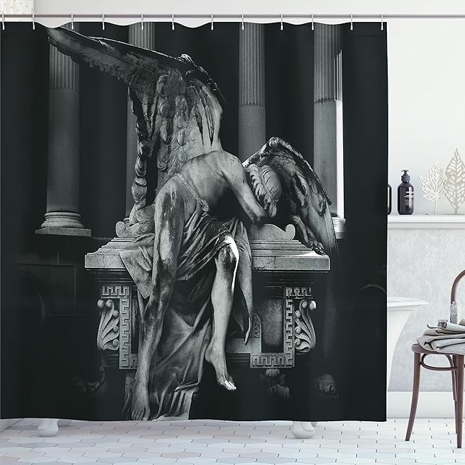 Ambesonne Retro Shower Curtain, Angel Architecture Monuments Sadness Gothic Mysticism Theme Greek Artwork, Cloth Fabric Bathroom Decor Set with Hooks, 69" W x 84" L, Black Grey