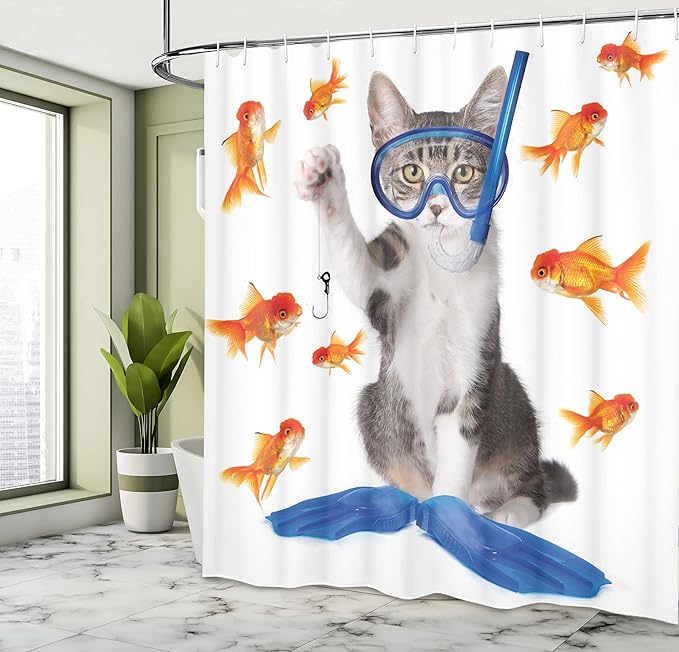 Ambesonne Cat Shower Curtain, Modern Spin on The Term Fishing Curiosity Goldfish Hunting Humorous Art, Cloth Fabric Bathroom Decor Set with Hooks, 69" W x 75" L, Blue Orange