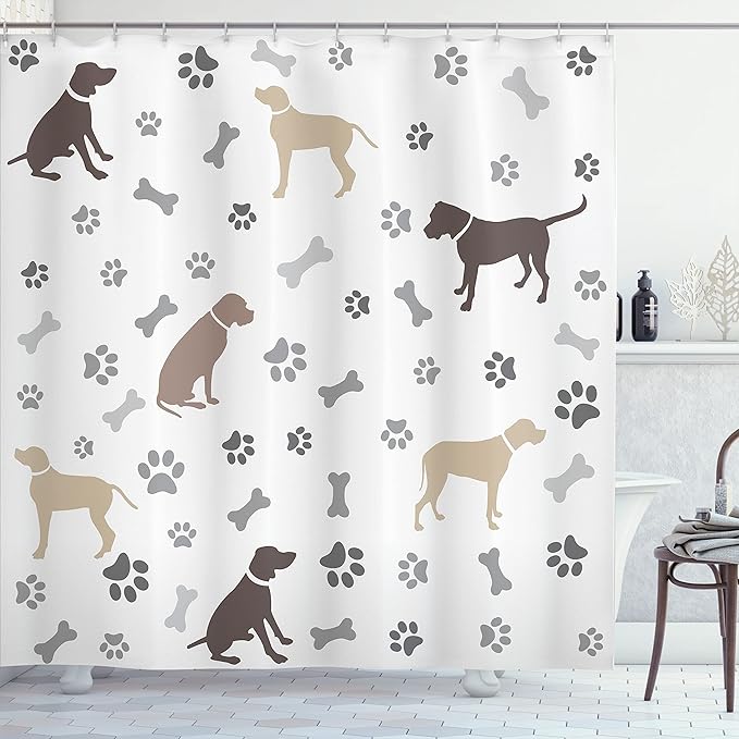Ambesonne Dog Lover Shower Curtain, Paw Print Bones and Dog Silhouettes American Foxhound Breed Playful Pattern, Cloth Fabric Bathroom Decor Set with Hooks, 69" W x 70" L, Umber Beige Grey
