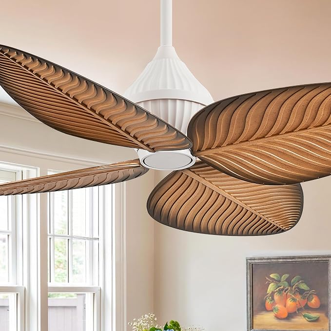 52"White Tropical Ceiling Fans, Flush Mount Palm Leaf Ceiling Fan no Light, Indoor Ceiling Fans without Light for Living Room Bedroom Kitchen Covered Gazebo, APP and Remote Control-Light Wood Grain