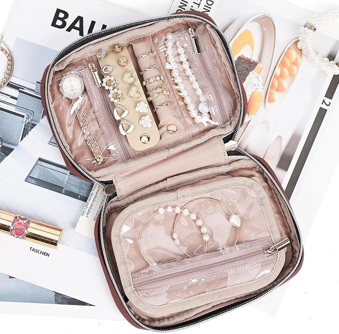 NISHEL Travel Jewelry Case Organizer, Tangle-Free Necklace Storage Bag | Stores rings, earrings, bracelets and watches in a compact case for travel and daily use, Rosewood-Pink, Small