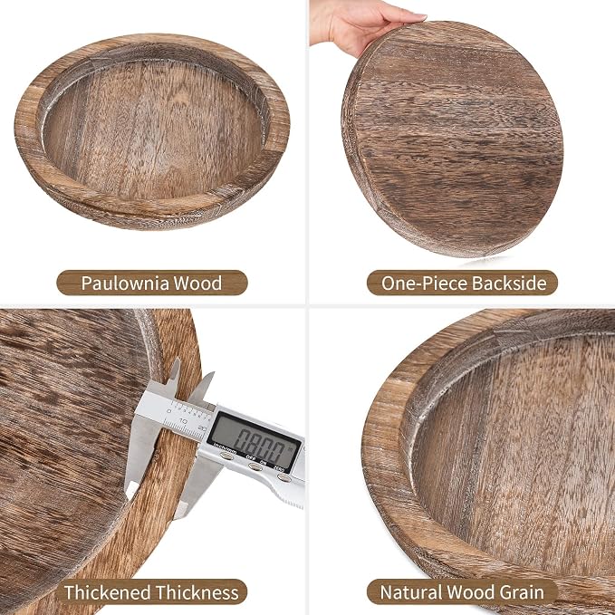 Hanobe Round Wooden Candle Holder Trays for Coffee Table, Distressed Finish | 11.2" Rustic Decorative Candlestick Plates for Kitchen Centerpiece, Farmhouse Living Room Fall Decor