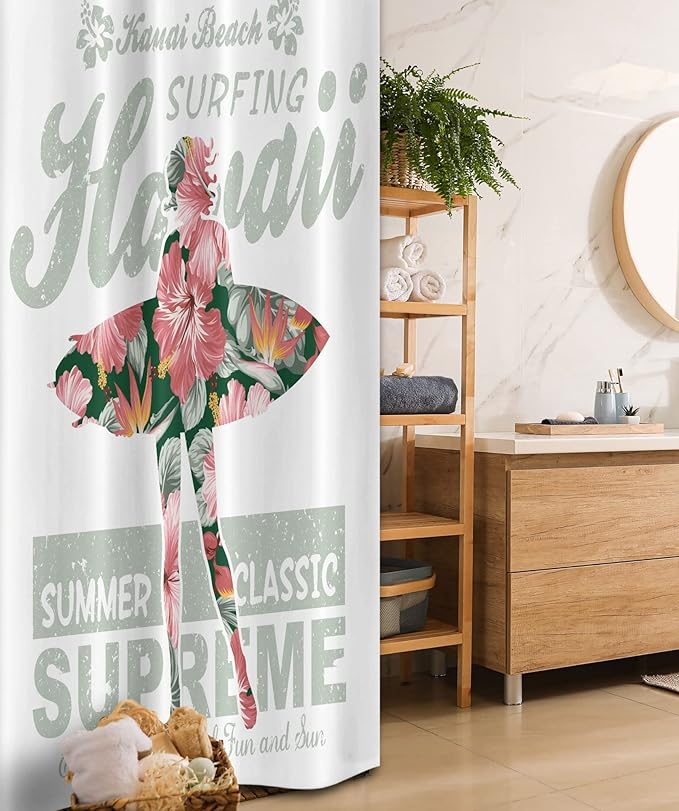 Ambesonne Hawaiian Stall Shower Curtain, Tropical Hawaii Hibiscus Surfing Girl Silhouette Surfboard Retro Themed Artprint, Fabric Bathroom Decor Set with Hooks, 36" W x 72" L, Fuchsia Green