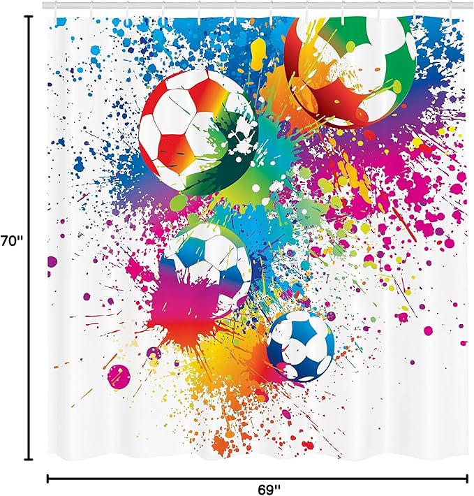 Ambesonne Soccer Shower Curtain, Colored Splashes All Over Soccer Balls Score World Cup Championship Athletic, Cloth Fabric Bathroom Decor Set with Hooks, 69" W x 70" L, Off White Multicolor