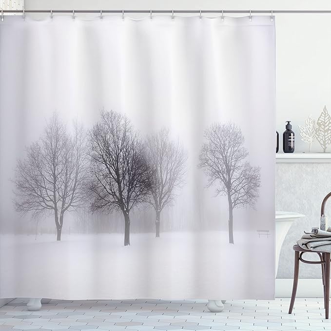Ambesonne Winter Shower Curtain, Foggy Misty Cold Scenery Leafless Tree Branch in Weather Print, Cloth Fabric Bathroom Decor Set with Hooks, 69" W x 75" L, Grey and White