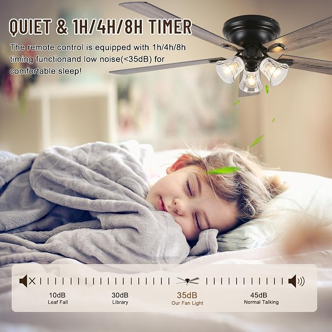 60'' Flush Mount Ceiling Fan with Light and Remote Control | 3 Clear Seeded Glass Light Fixtures,6 Speed Reversible DC Motor,Ceiling Fan with Light forCovered Porch Great Room Villa