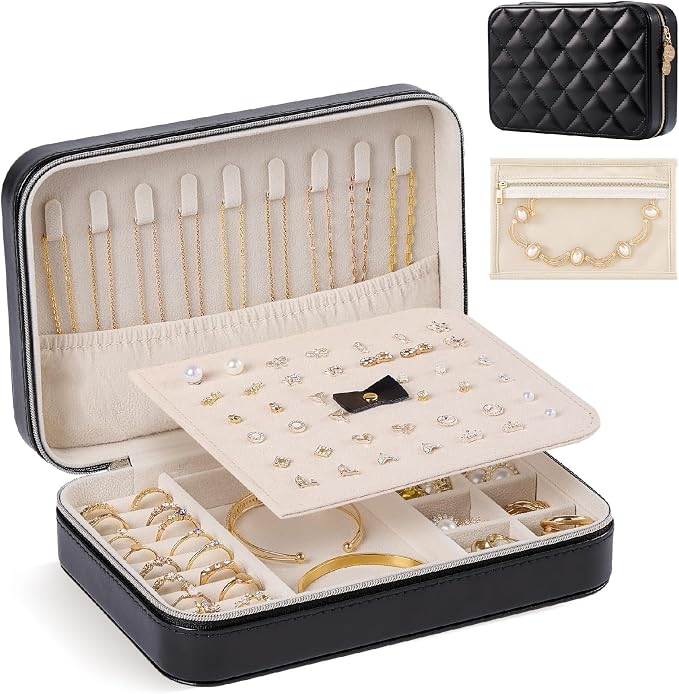 Lolalet Travel Jewelry Case for Women Girls, PU Leather Jewelry Organizer with Clear Storage Bag Small Portable Jewelry Box for Necklace Bracelet Earring Ring Birthday Bridesmaid Gifts -Large/Black