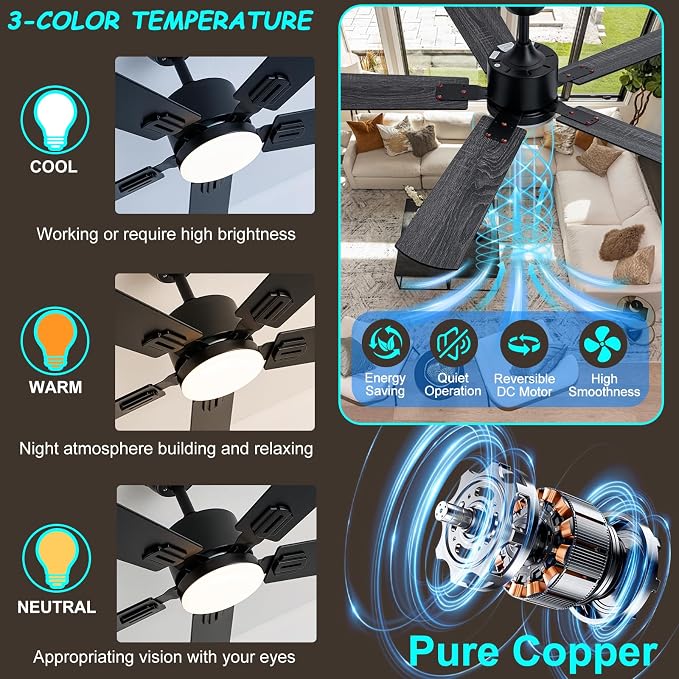 Coolwind Black Ceiling Fan with Display Remote/APP Control, 52 Inch Noiseless Modern 5 Blade Ceiling Fan with 8 Speeds & 3CCT, Dimmable, Timer, DC Reversible Motor for Bedroom, Living Room