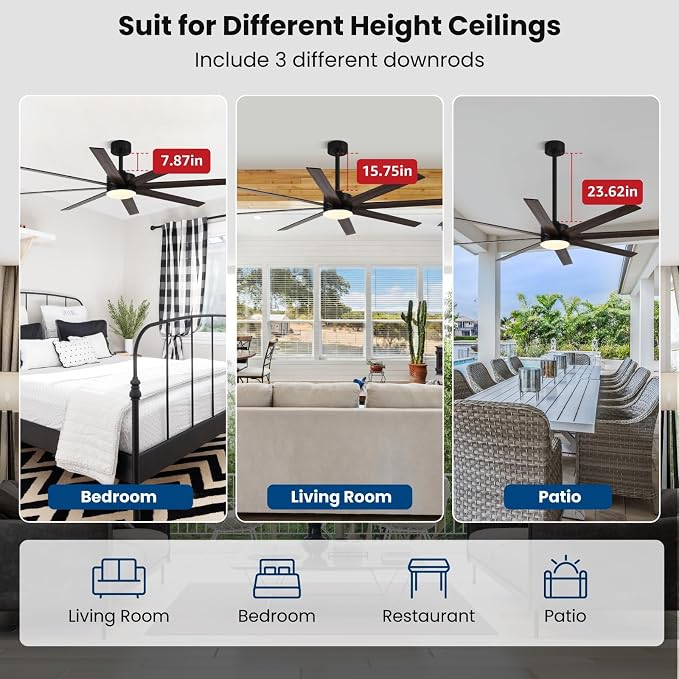 Conciseer 72 Inch Ceiling Fans with Lights, Remote Control, Dual-Color 8 Blades, 24W 3CCT,6-Speed Reversible Quiet DC Motor - Black and Wood Grain for, Living Room, Kitchen Brown