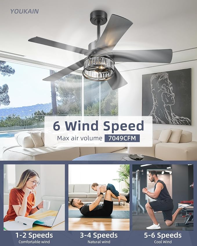 YOUKAIN 48 Inch Black Ceiling Fan with Lights and Remote, Modern Crystal Ceiling Fan, 5 Reversible Matte Black & Wood Blades, Quiet Indoor Ceiling Fan for Bedroom Living Room, 48-YJ632A-BK