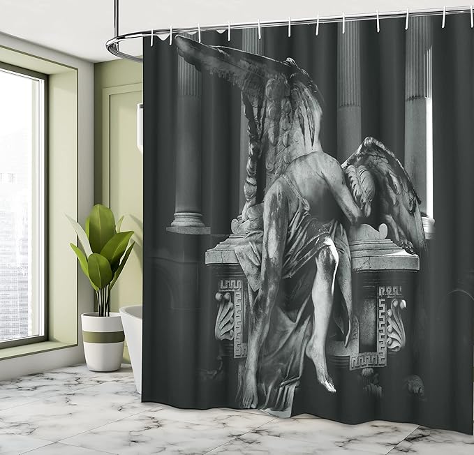 Ambesonne Retro Shower Curtain, Angel Architecture Monuments Sadness Gothic Mysticism Theme Greek Artwork, Cloth Fabric Bathroom Decor Set with Hooks, 69" W x 75" L, Black Grey