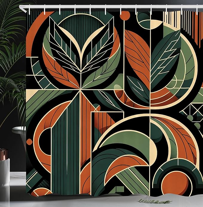 Ambesonne Mid Century Modern Shower Curtain, Abstract Retro Geometric Lines and Shapes with Leaves Art, Cloth Fabric Bathroom Decor Set with Hooks, 69" W x 84" L, Evergreen Cinnamon Beige